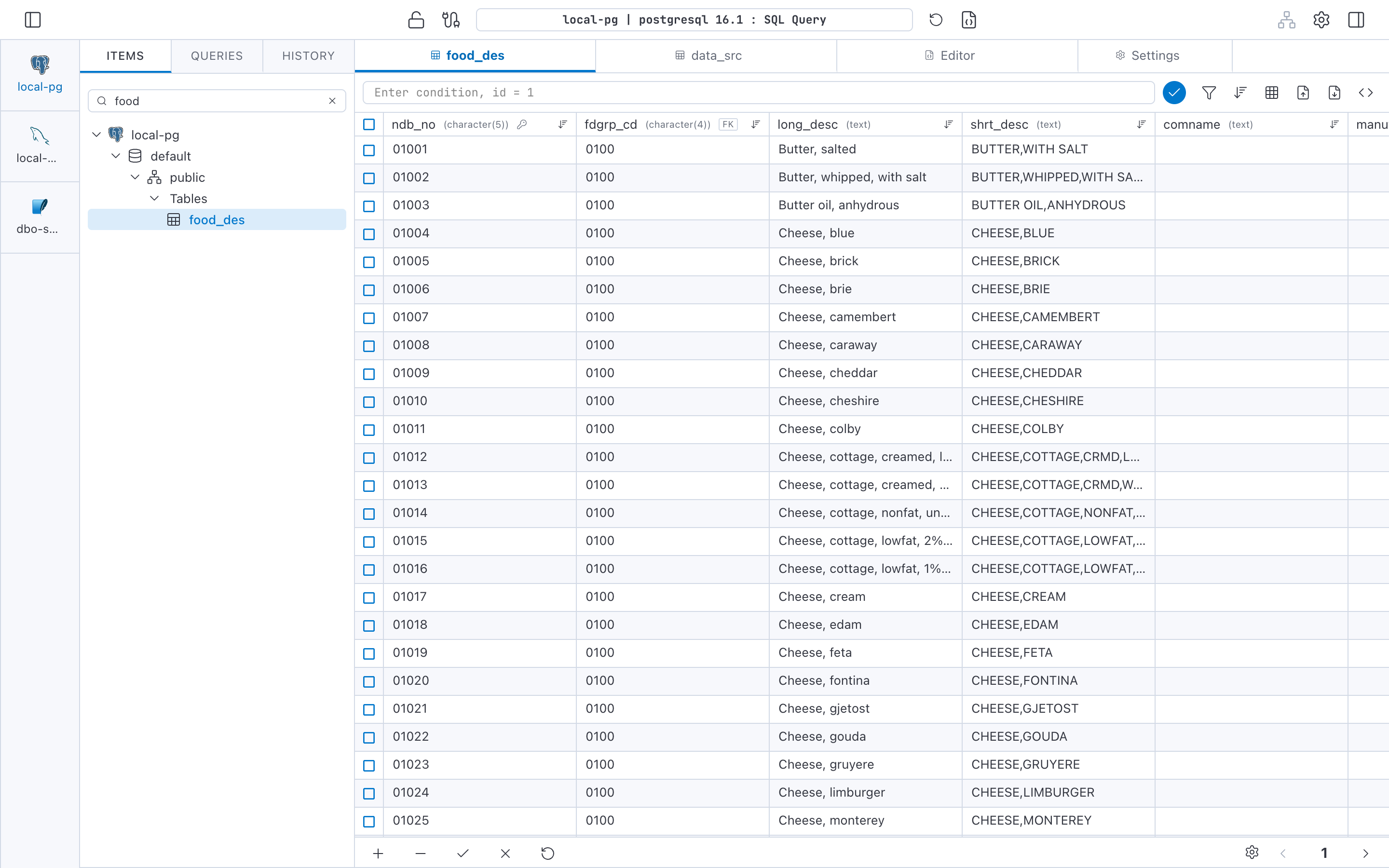 DBO Studio data grid browsing a PostgreSQL table
