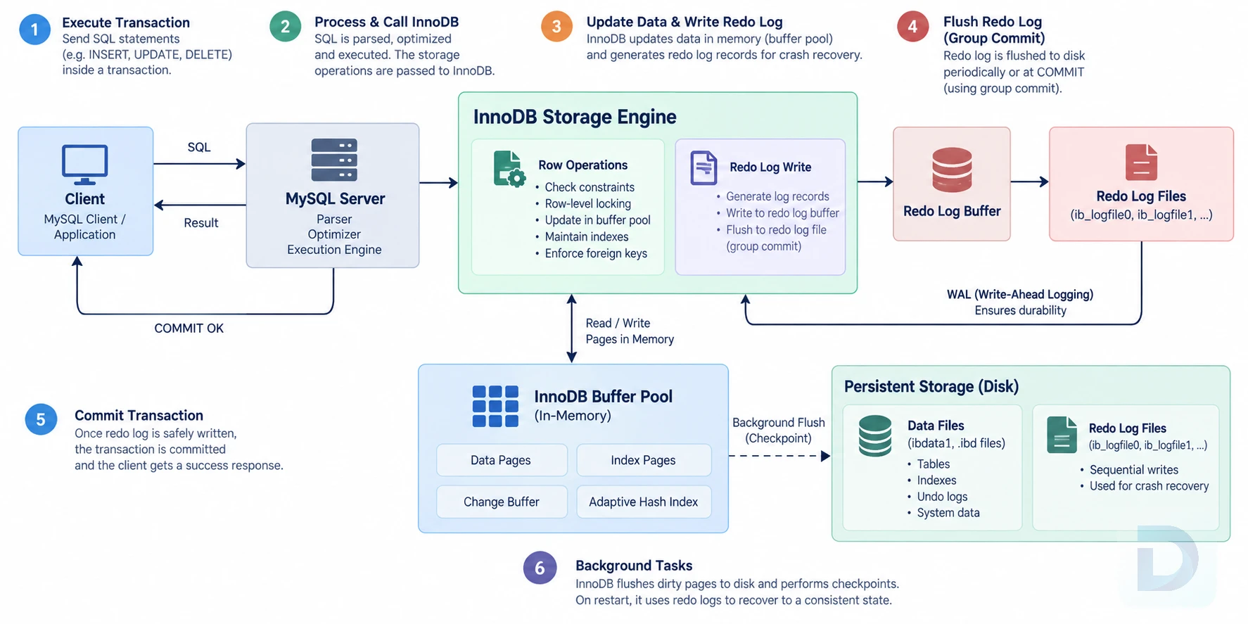 InnoDB transaction flow: row update in the buffer pool, undo log entry, redo log buffer, commit flush, and crash recovery replaying redo